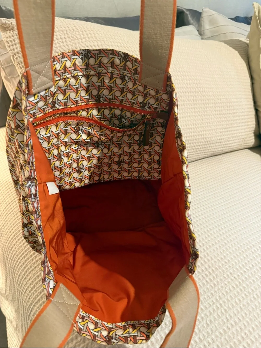 Tory Burch Orange, Yellow and White Patterned Canvas Tote with Cognac Patch - Picture 3 of 3